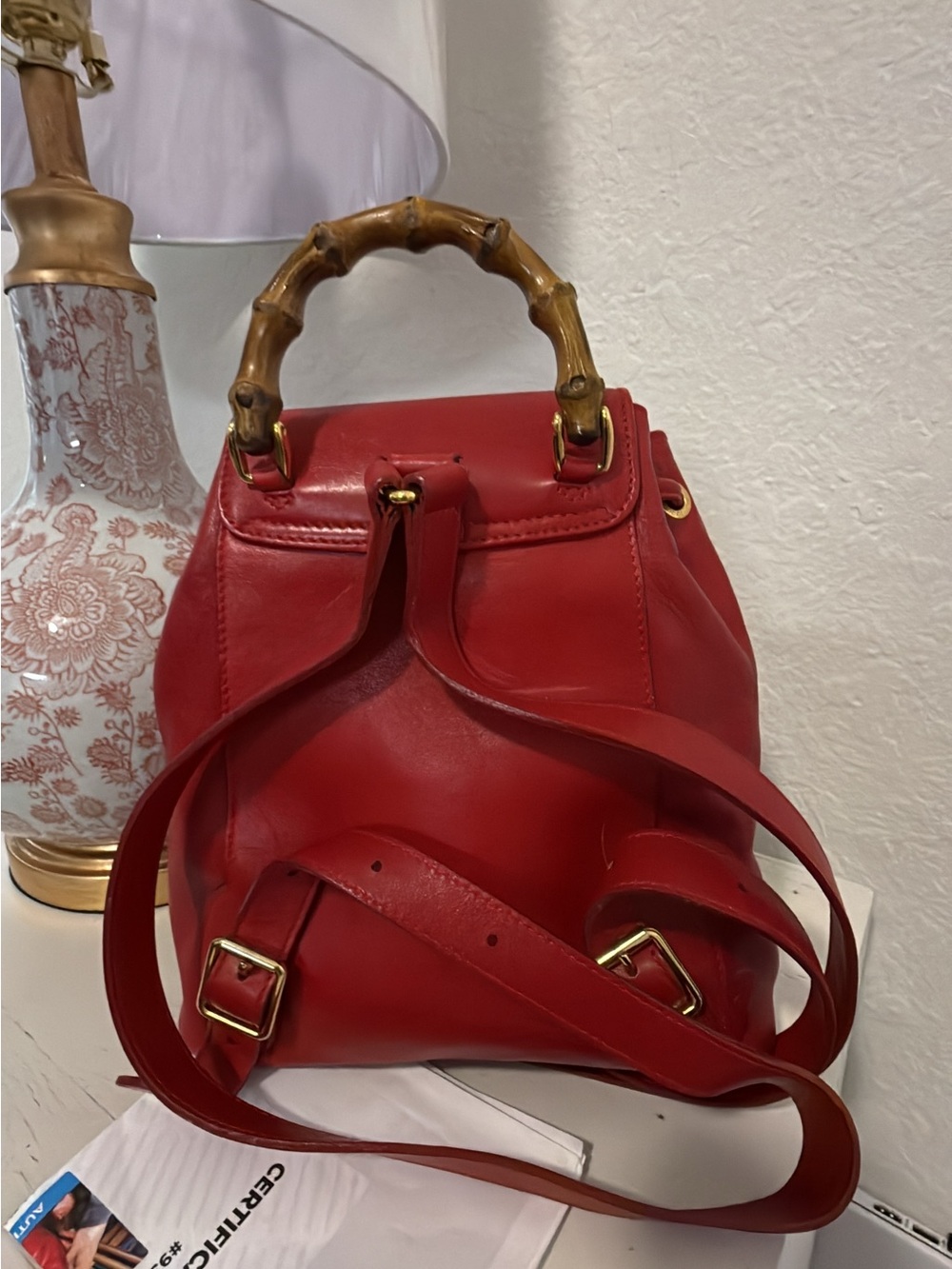 Vintage GUCCI red leather backpack with bamboo handle - Picture 3 of 12